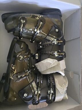 Head Olive Green and Beige Alpine Ski Boots with Gold Accents
